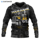 Personalized trucker zip hoodie featuring black grey semi truck illustration all-over print, zip-front design