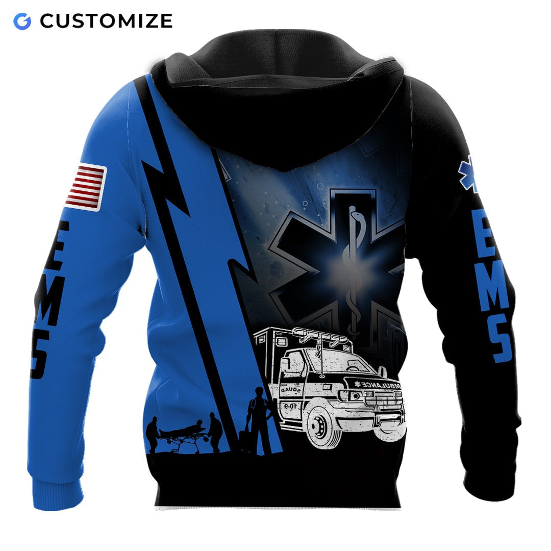 Personalized EMS paramedic hoodie featuring blue ems ambulance print all-over print, back view