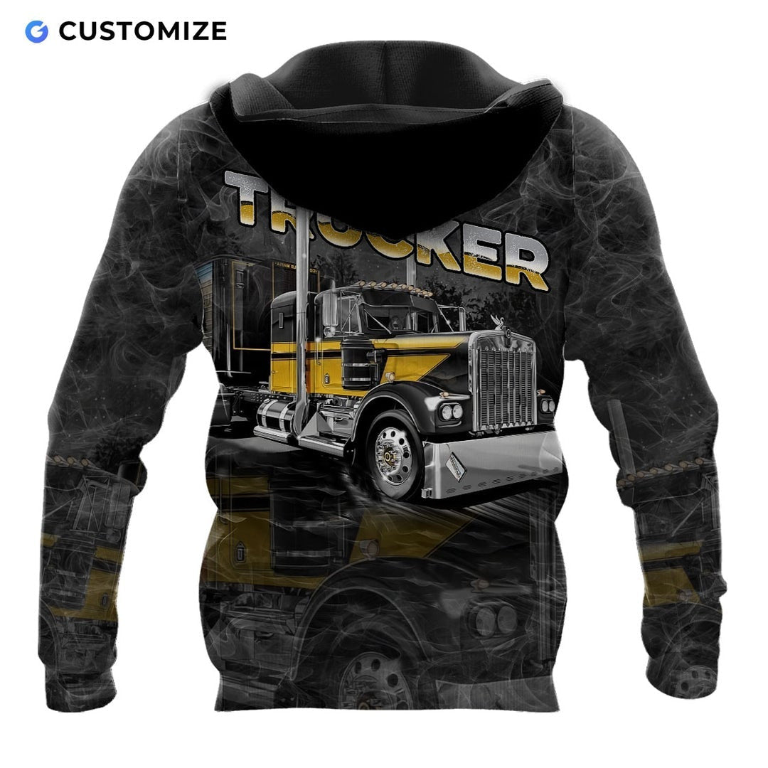 Personalized trucker hoodie featuring black grey semi truck illustration all-over print, back view