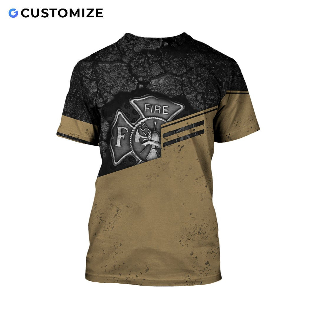 Personalized firefighter t-shirt featuring tan flag fire department print all-over print, back view
