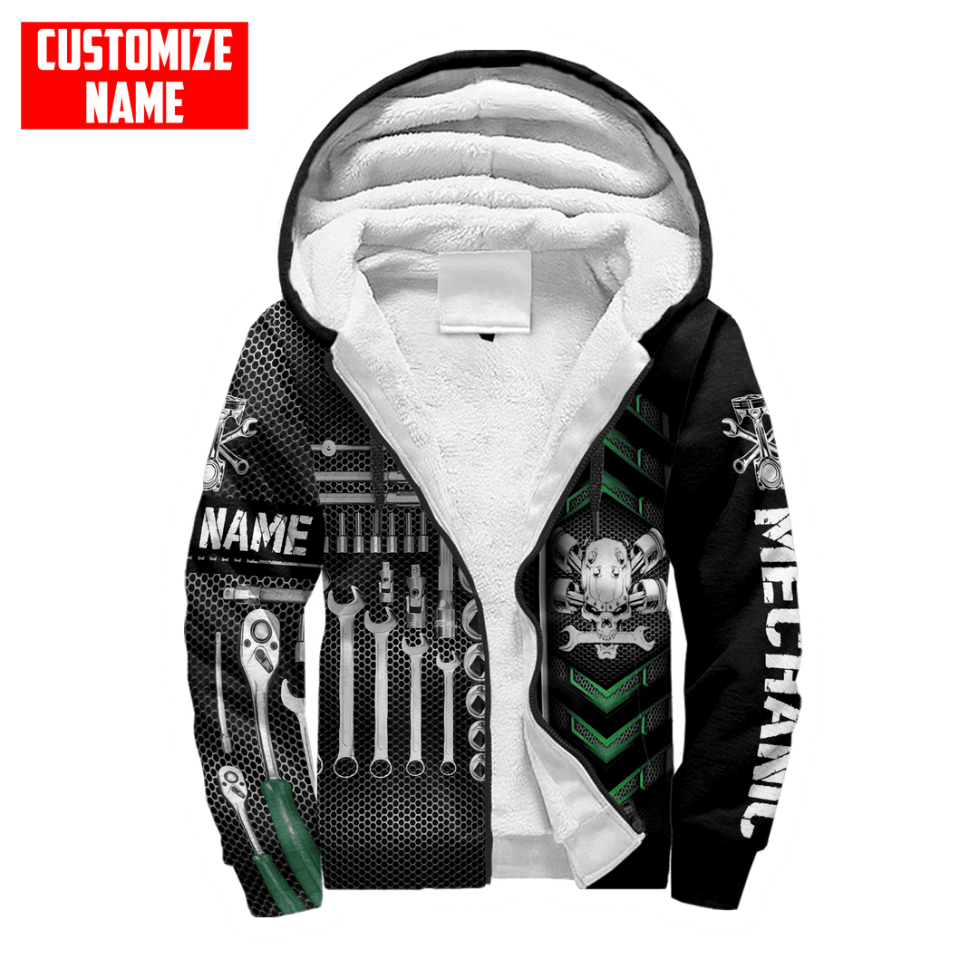 Personalized mechanic fleece zip hoodie featuring skull tool box all-over print, fleece lining shown