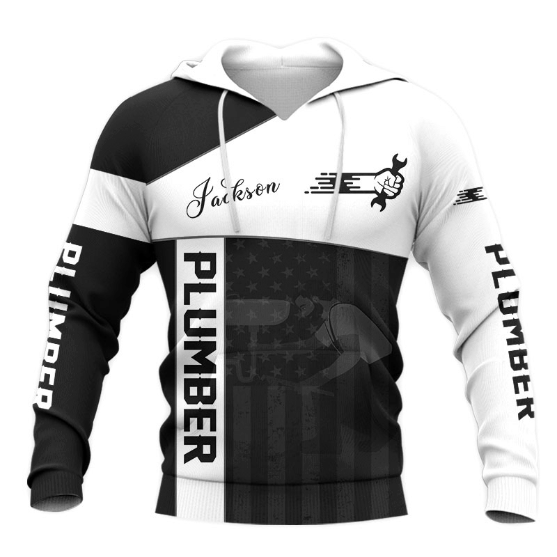 Personalized plumber hoodie featuring black white plumbing tools all-over print