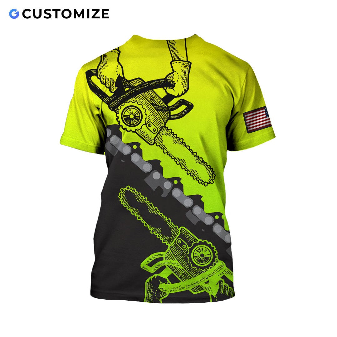 Personalized logger t-shirt featuring neon yellow black chainsaw chain all-over print, back view