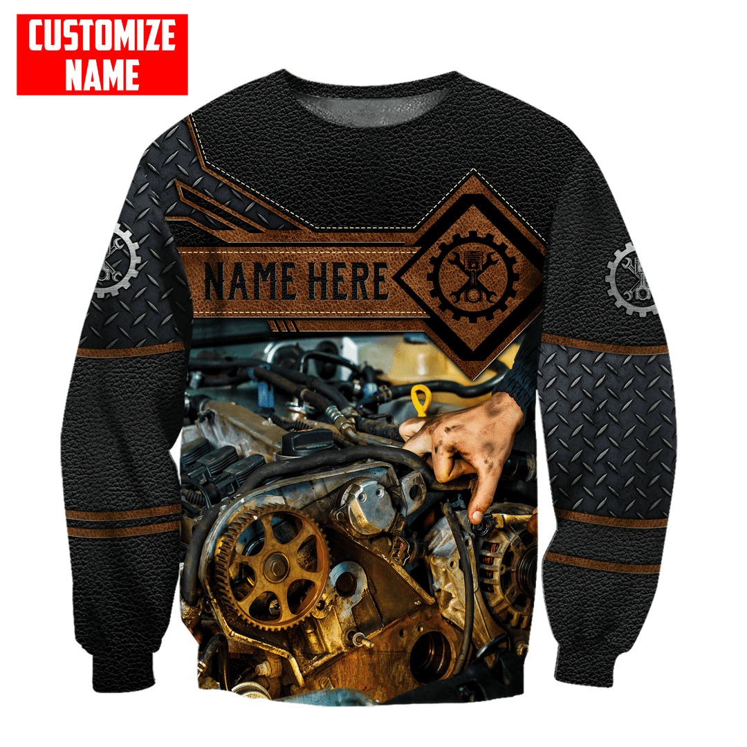 Personalized mechanic sweatshirt featuring engine repair print all-over print, crewneck design