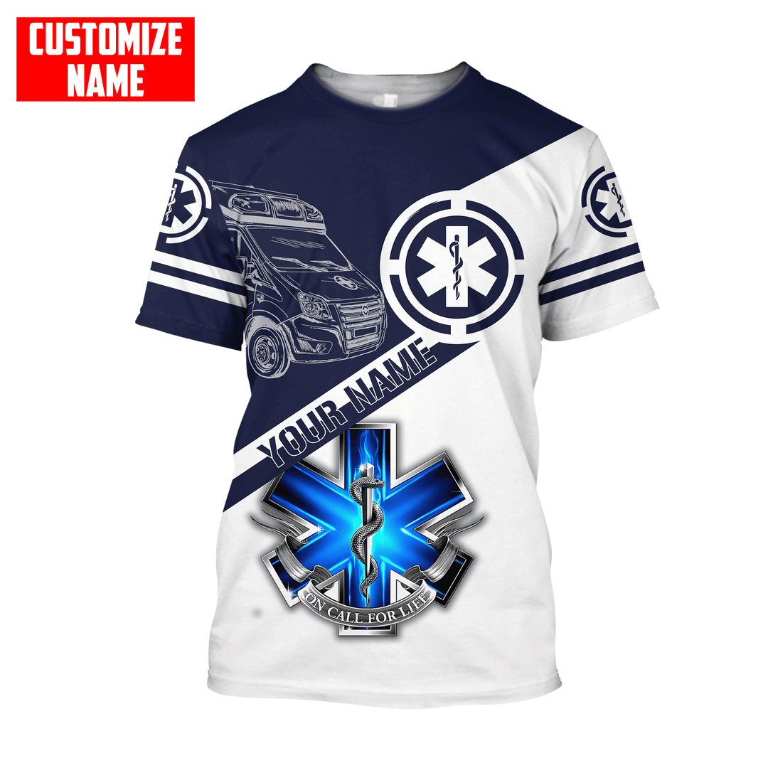 Personalized EMS paramedic t-shirt featuring blue and white ambulance print all-over print, short-sleeve design