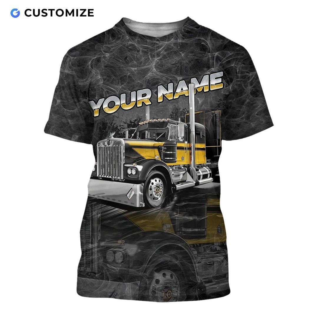 Personalized trucker t-shirt featuring black grey semi truck illustration all-over print, short-sleeve design