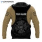 Personalized firefighter hoodie featuring tan and black fire badge all-over print, back view