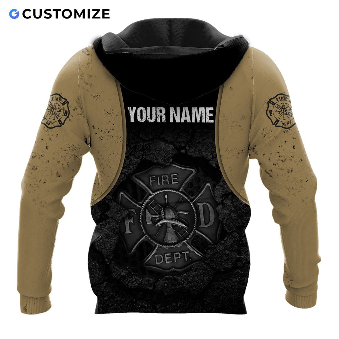 Personalized firefighter hoodie featuring tan and black fire badge all-over print, back view