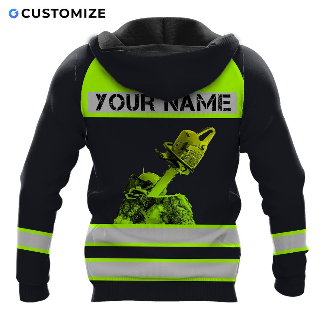 Personalized logger hoodie featuring black yellow vest stripe print all-over print, back view