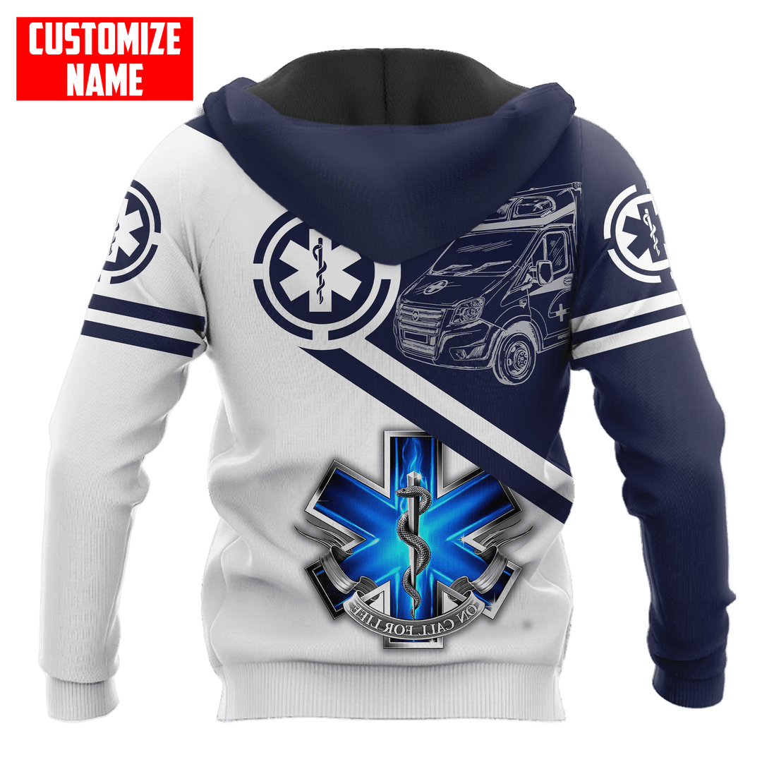 Personalized EMS paramedic hoodie featuring blue and white ambulance print all-over print, back view