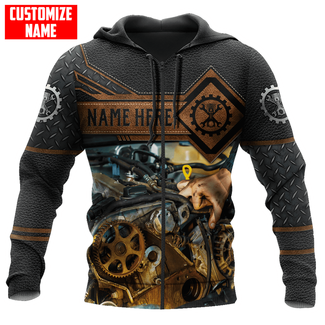 Personalized mechanic zip hoodie featuring engine repair print all-over print, zip-front design