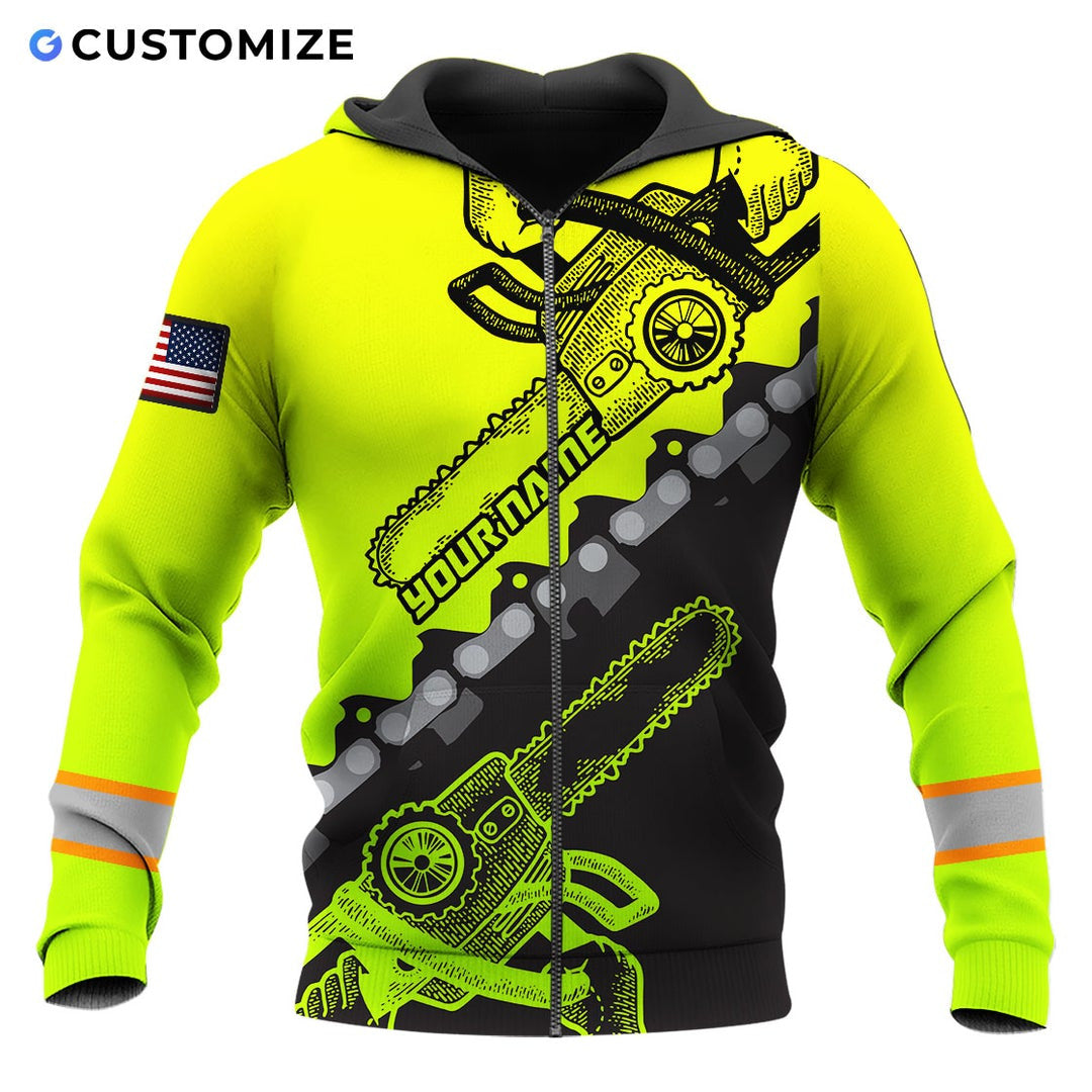 Personalized logger zip hoodie featuring neon yellow black chainsaw chain all-over print, zip-front design