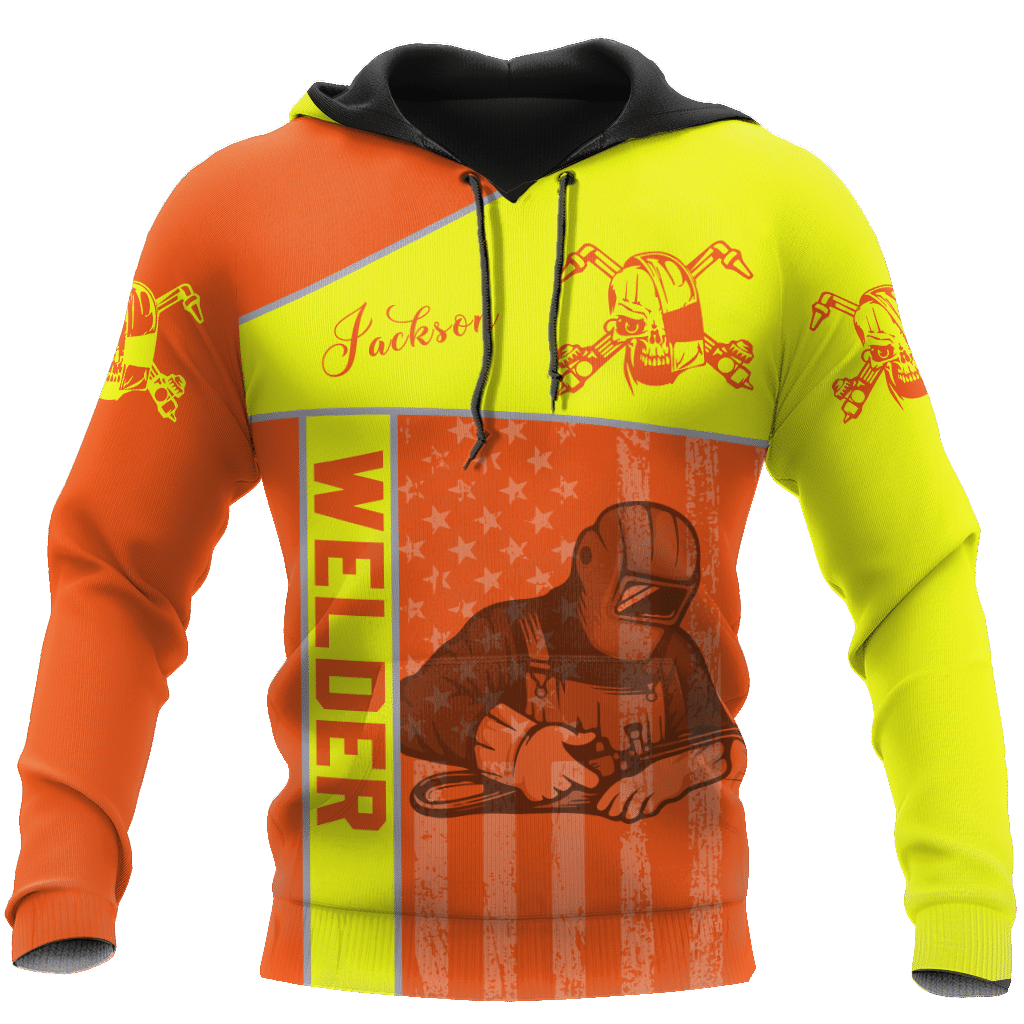Personalized welder hoodie featuring orange yellow welder illustration all-over print