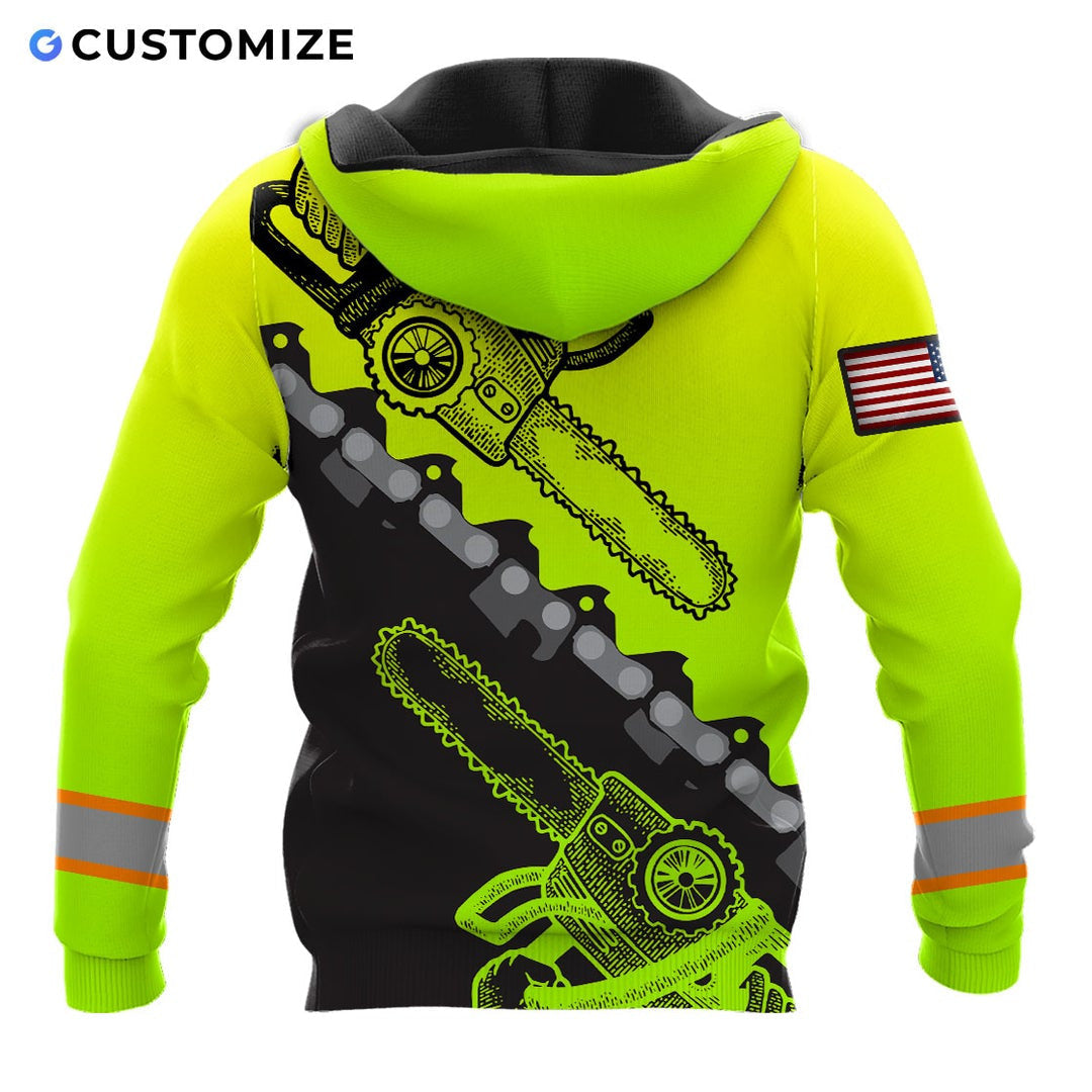Personalized logger hoodie featuring neon yellow black chainsaw chain all-over print, back view