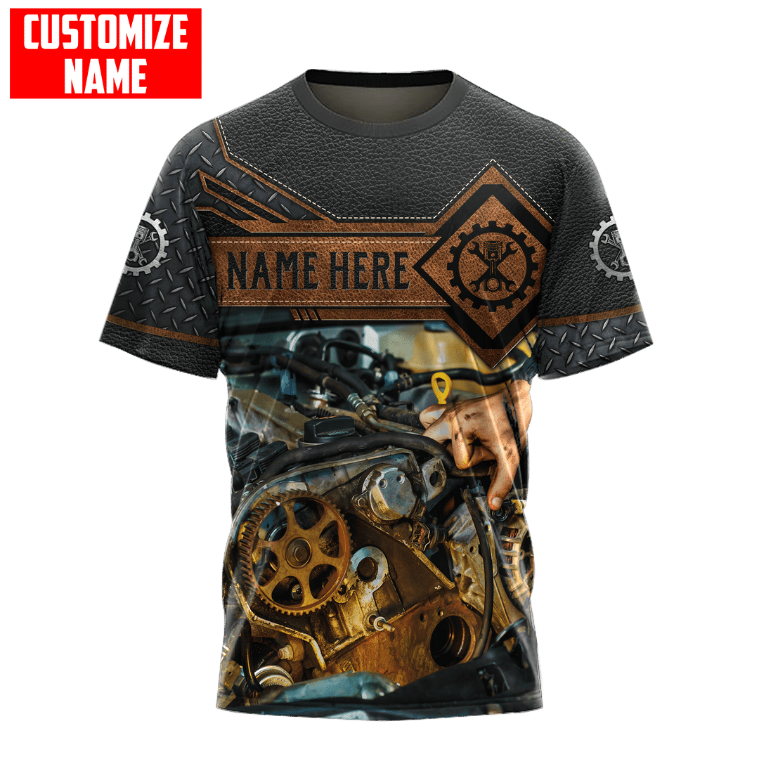 Personalized mechanic t-shirt featuring engine repair print all-over print, short-sleeve design