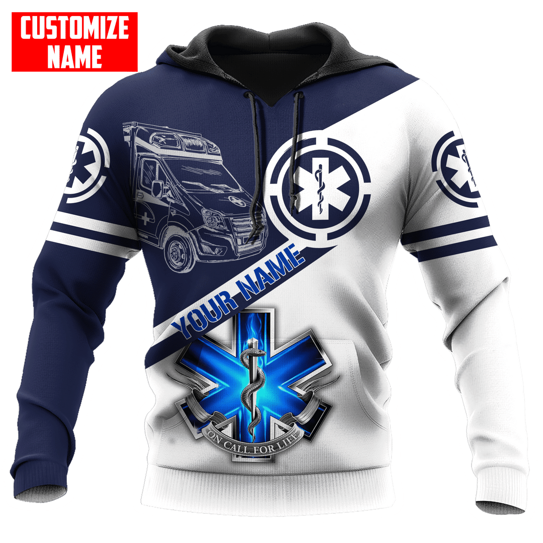 Personalized EMS paramedic hoodie featuring blue and white ambulance print all-over print