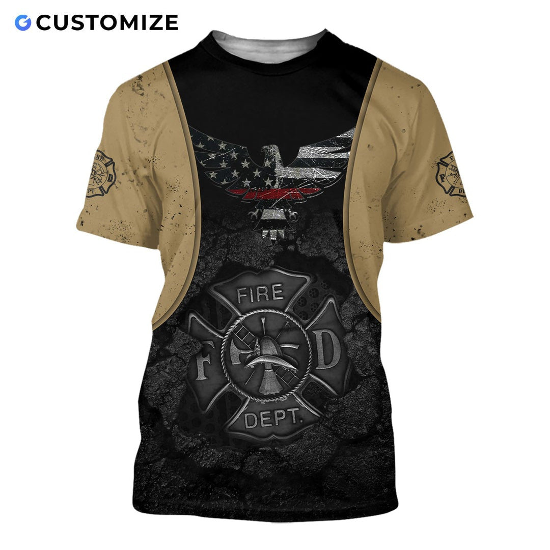 Personalized firefighter t-shirt featuring tan and black fire badge all-over print, short-sleeve design
