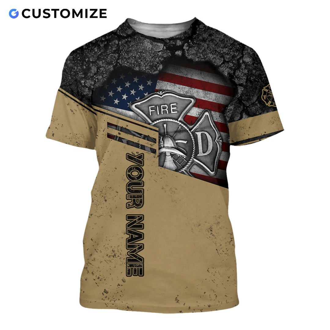 Personalized firefighter t-shirt featuring tan flag fire department print all-over print, short-sleeve design