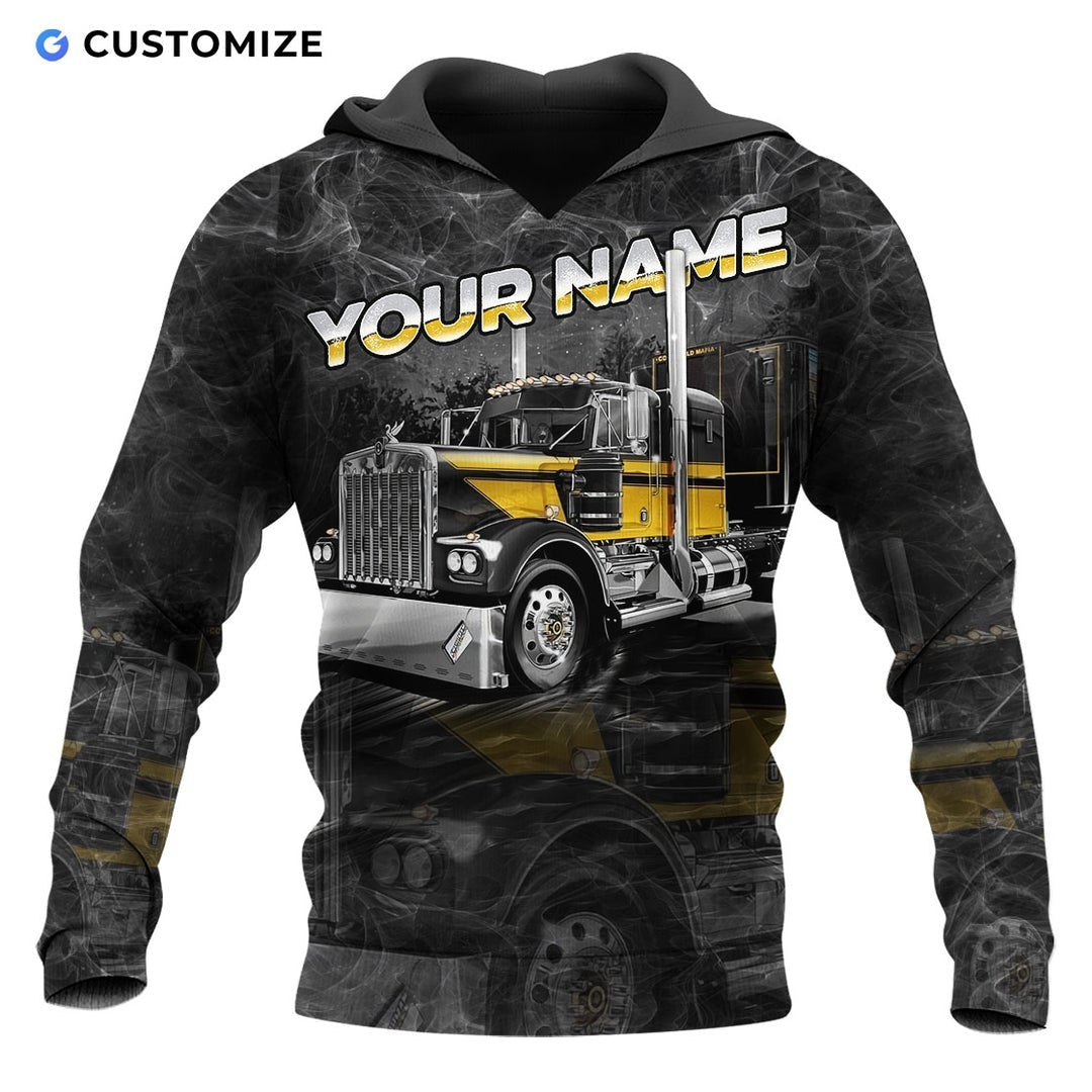 Personalized trucker hoodie featuring black grey semi truck illustration all-over print