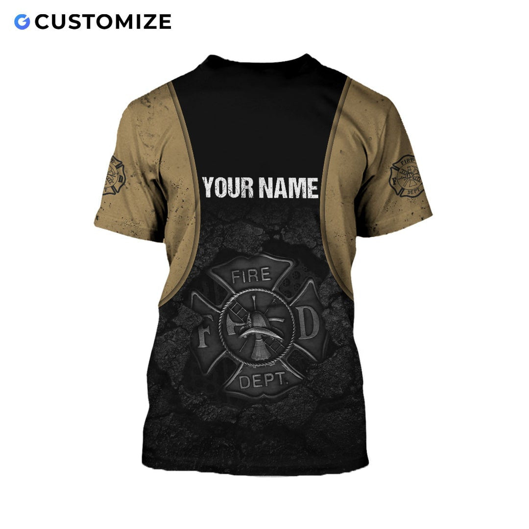 Personalized firefighter t-shirt featuring tan and black fire badge all-over print, back view