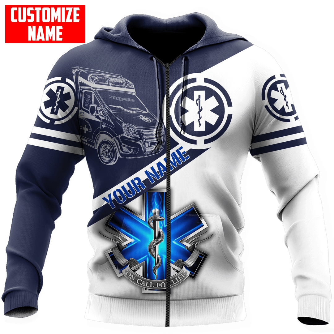 Personalized EMS paramedic zip hoodie featuring blue and white ambulance print all-over print, zip-front design