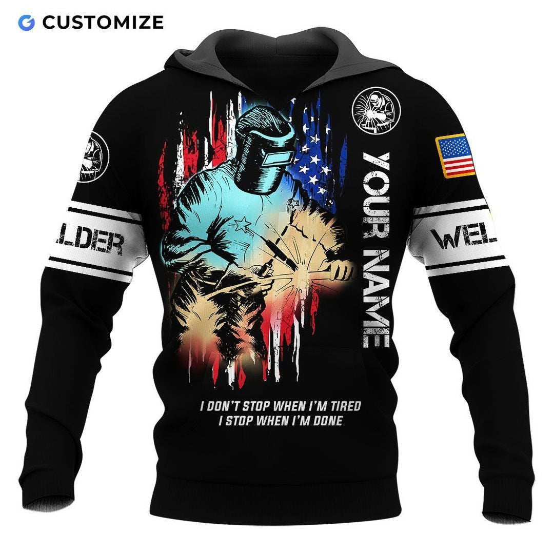 Personalized welder hoodie featuring black welding sparks american flag all-over print