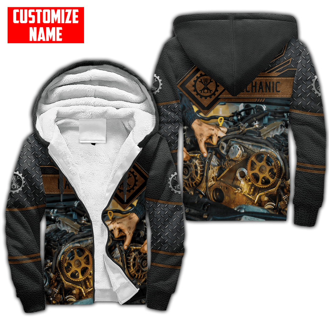 Personalized mechanic fleece zip hoodie featuring engine repair print all-over print, fleece lining shown