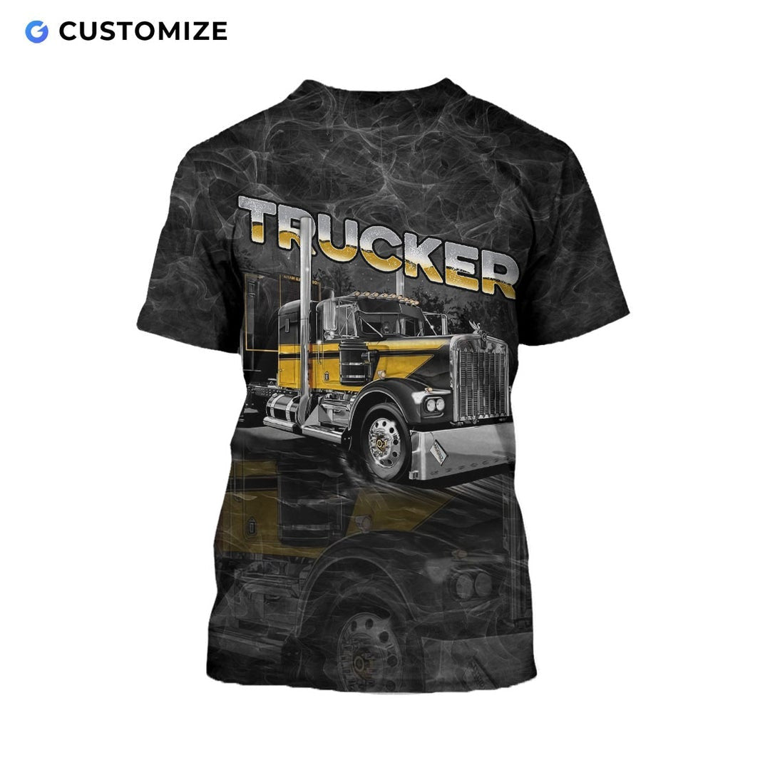 Personalized trucker t-shirt featuring black grey semi truck illustration all-over print, back view