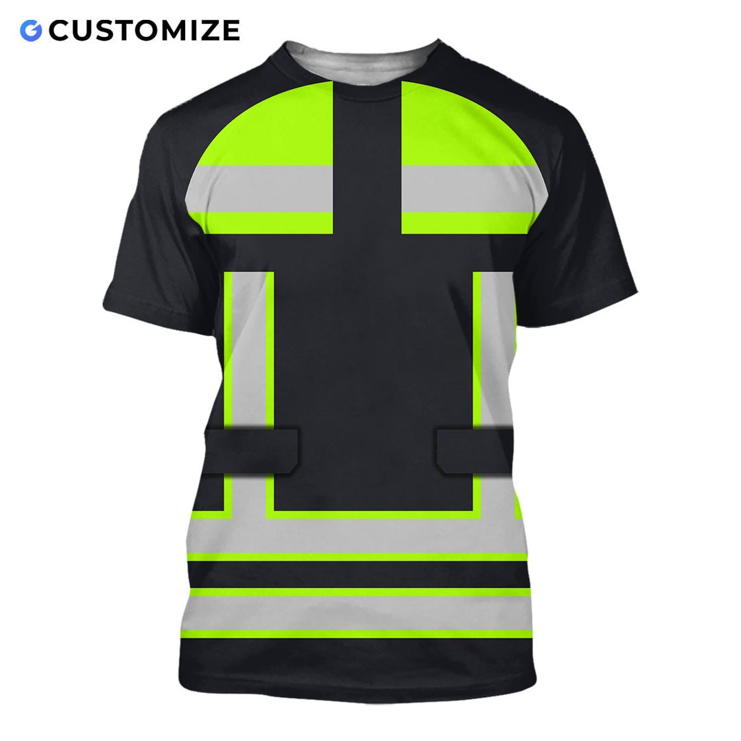 Personalized logger t-shirt featuring black yellow vest stripe print all-over print, short-sleeve design