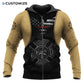 Personalized firefighter zip hoodie featuring tan and black fire badge all-over print, zip-front design