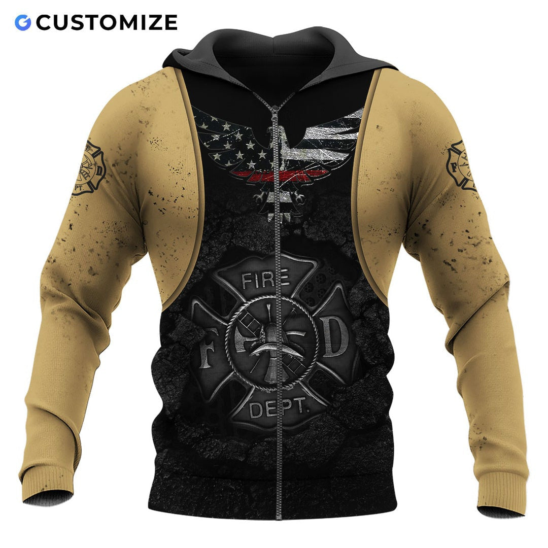 Personalized firefighter zip hoodie featuring tan and black fire badge all-over print, zip-front design