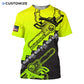 Personalized logger t-shirt featuring neon yellow black chainsaw chain all-over print, short-sleeve design
