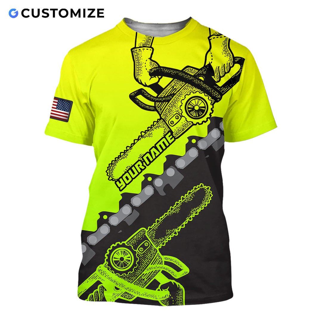 Personalized logger t-shirt featuring neon yellow black chainsaw chain all-over print, short-sleeve design