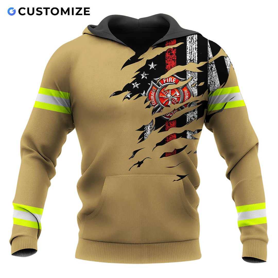 Personalized firefighter hoodie featuring tan distressed flag fire badge all-over print