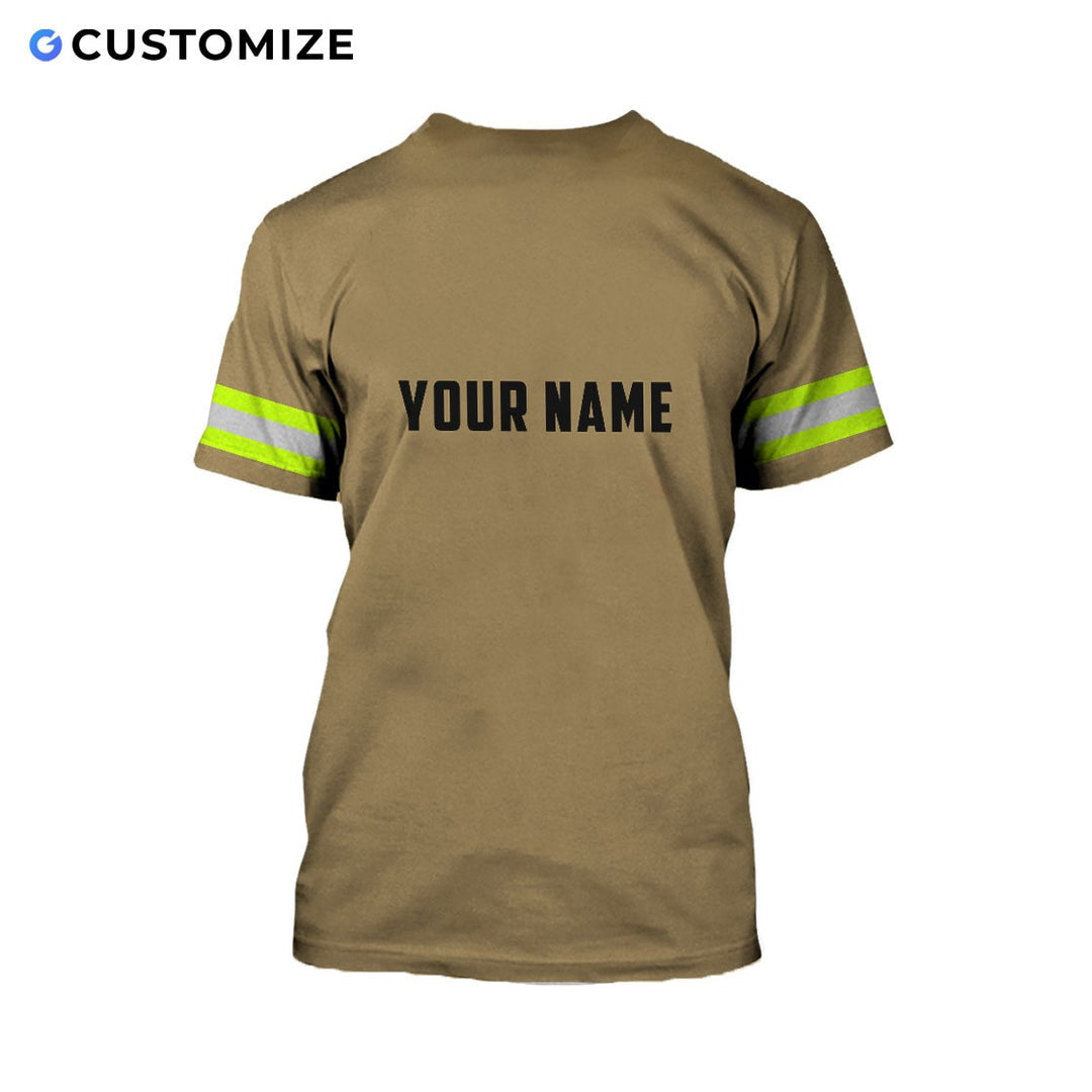Personalized firefighter t-shirt featuring tan distressed flag fire badge all-over print, back view