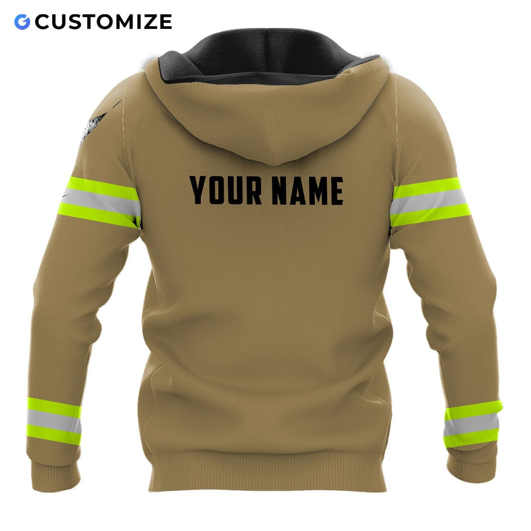 Personalized firefighter hoodie featuring tan distressed flag fire badge all-over print, back view
