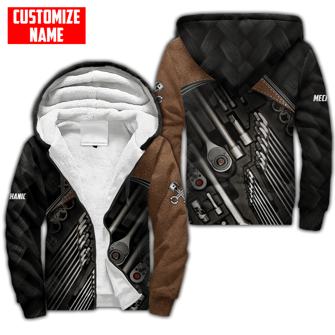 Personalized mechanic fleece zip hoodie featuring brown socket tool print all-over print, fleece lining shown