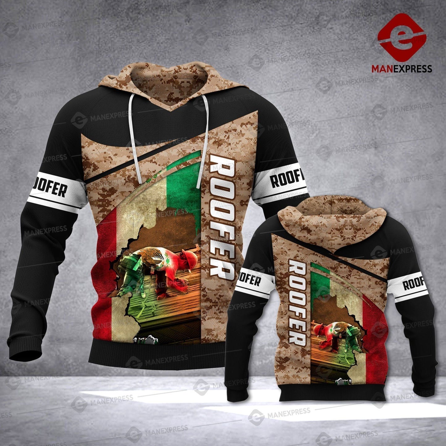 Roofer hoodie featuring brown mexican flag eagle all-over print