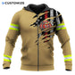Personalized firefighter zip hoodie featuring tan distressed flag fire badge all-over print, zip-front design