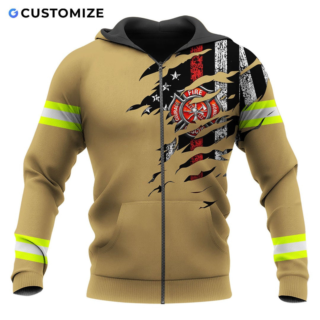 Personalized firefighter zip hoodie featuring tan distressed flag fire badge all-over print, zip-front design