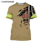 Personalized firefighter t-shirt featuring tan distressed flag fire badge all-over print, short-sleeve design