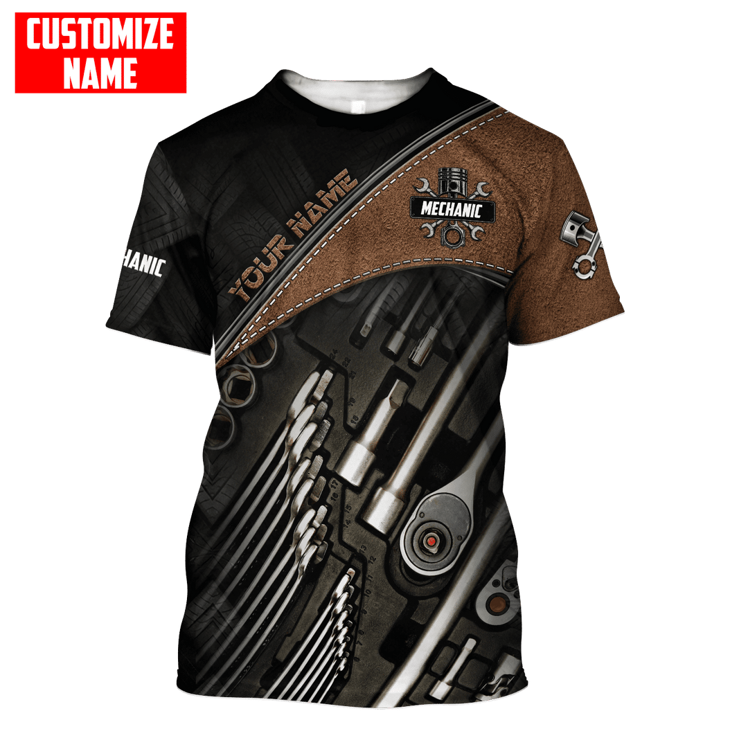 Personalized mechanic t-shirt featuring brown socket tool print all-over print, short-sleeve design