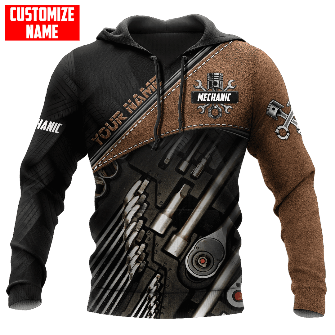 Personalized mechanic zip hoodie featuring brown socket tool print all-over print, zip-front design