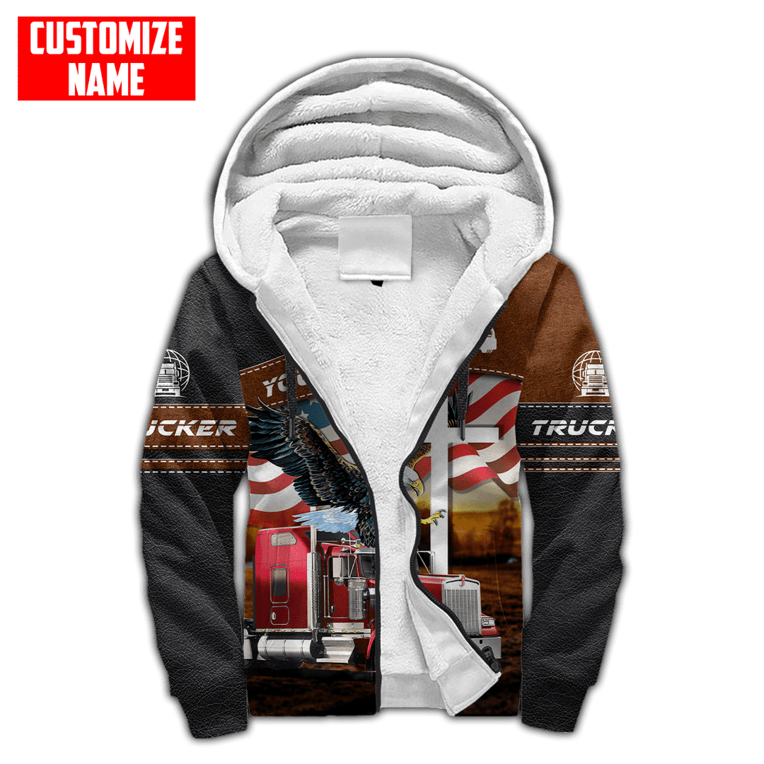 Personalized trucker fleece zip hoodie featuring trucker eagle and flag print all-over print, fleece lining shown