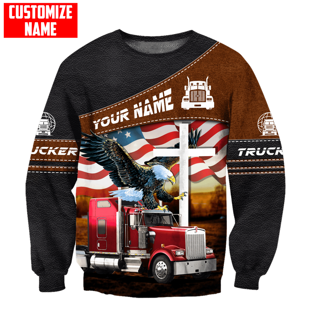 Personalized trucker sweatshirt featuring trucker eagle and flag print all-over print, crewneck design