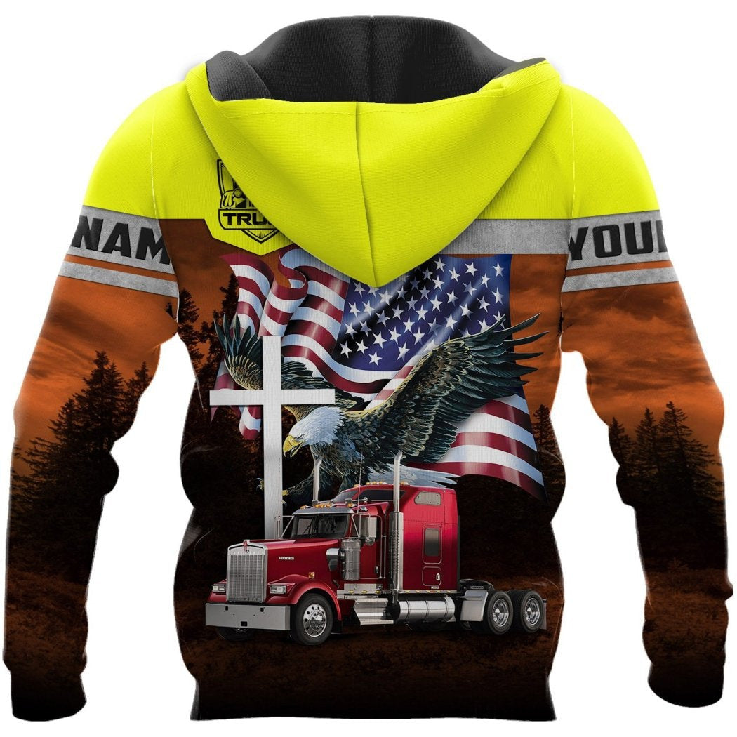 Personalized trucker hoodie featuring yellow trucker eagle flag all-over print, back view