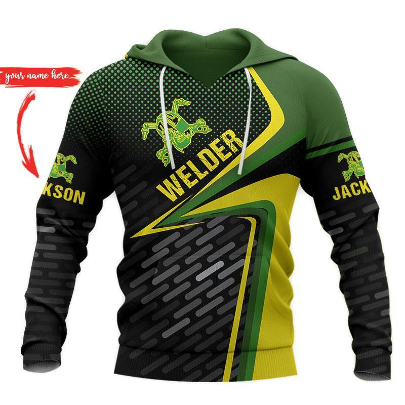 Personalized welder hoodie featuring green yellow diagonal welder badge all-over print