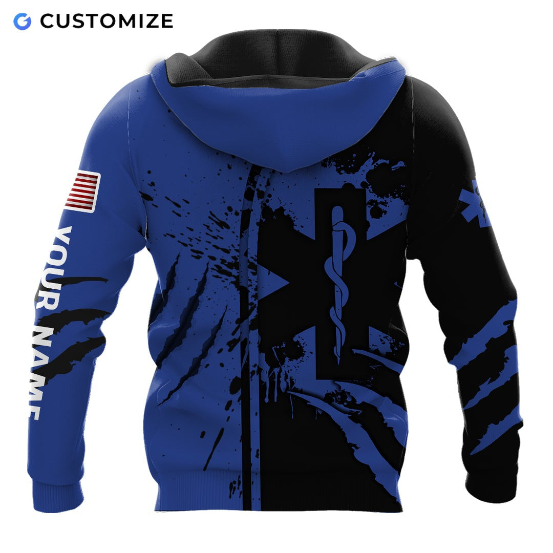 Personalized EMS paramedic hoodie featuring blue star of life splatter print all-over print, back view