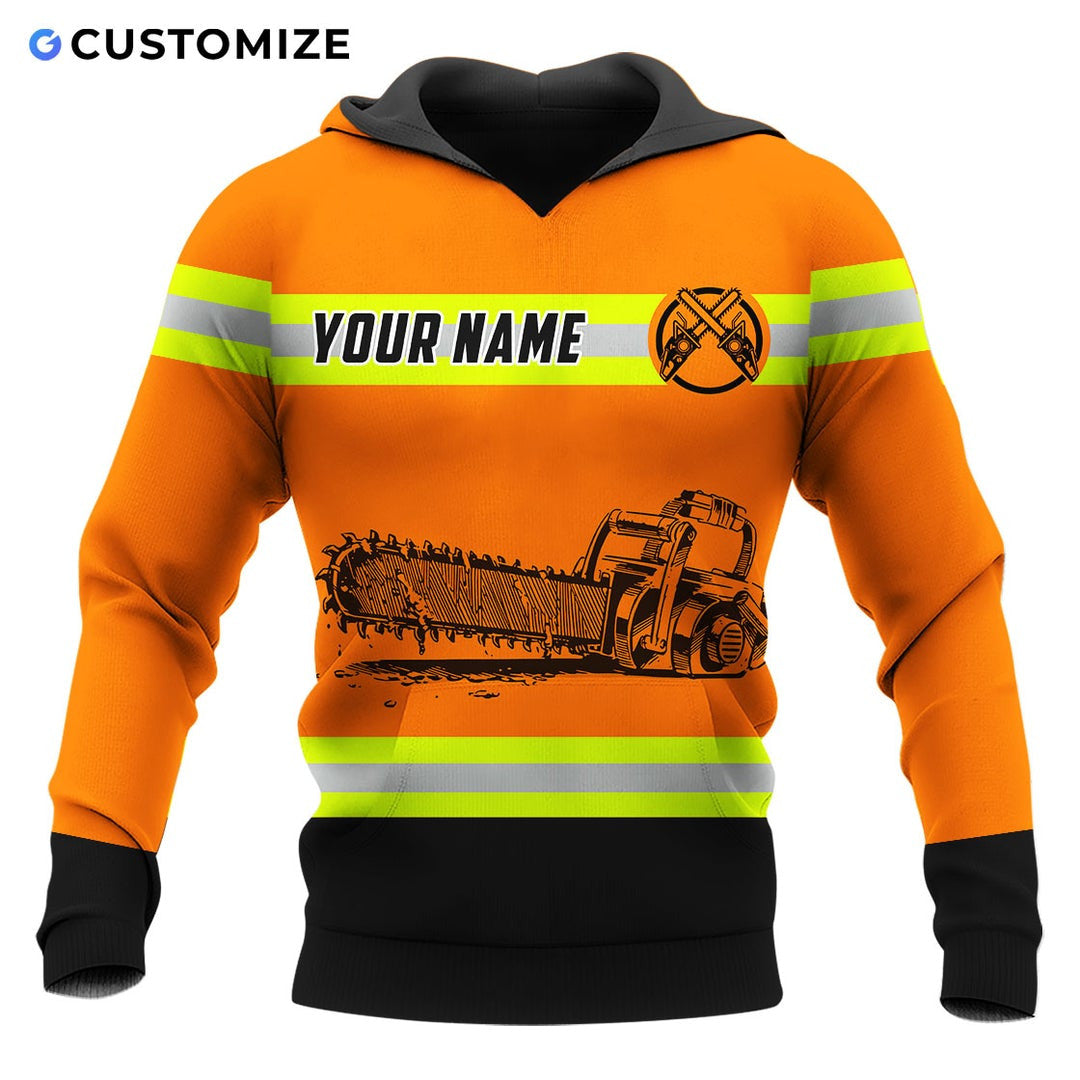 Personalized logger hoodie featuring orange chainsaw print all-over print