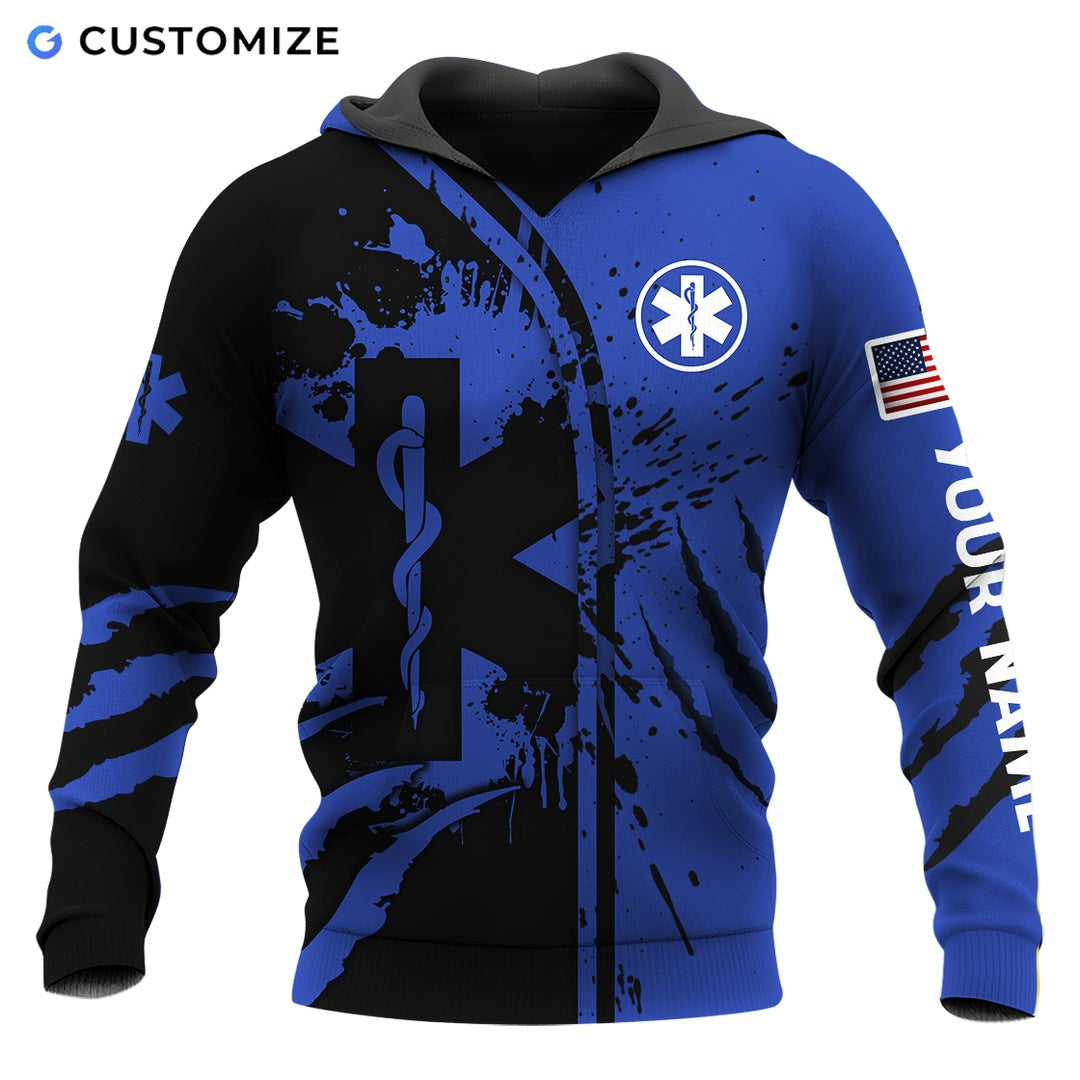 Personalized EMS paramedic hoodie featuring blue star of life splatter print all-over print